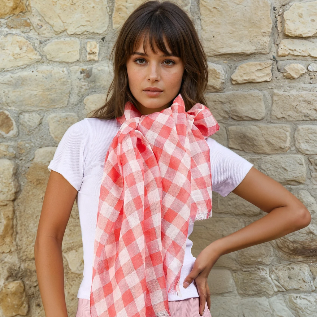 Dina Check Linen Scarf in Coral