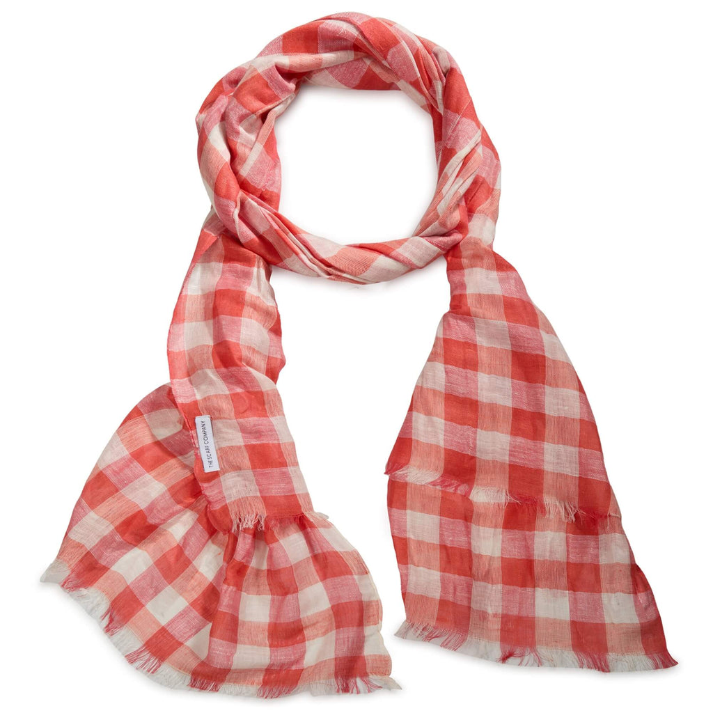 Dina Check Linen Scarf in Coral