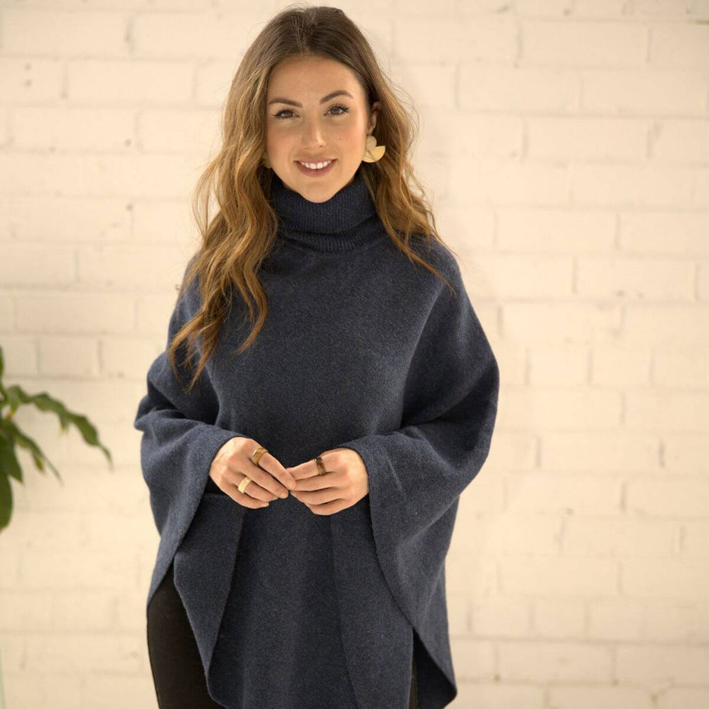 Joy Wool Poncho in Navy